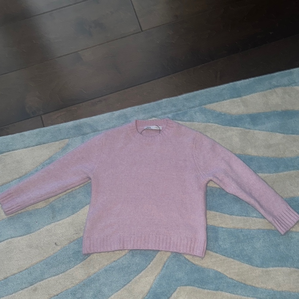 Zara Pastel Pink Crew Neck Sweater with Textured Knit